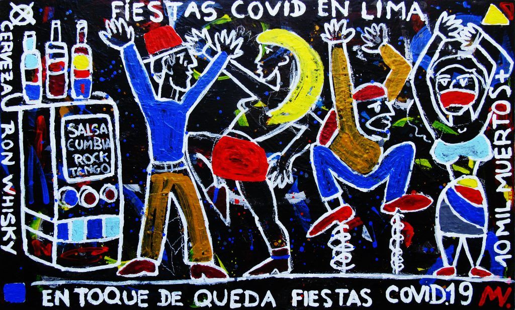 Fiesta covid, acrílico sobre tela 170 x 100 centímetros. (Fotos: Centro Cultural del Banco de la Nación).