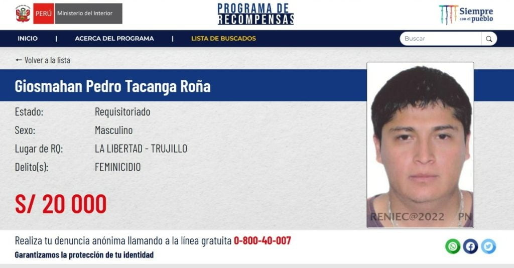 Cualquier persona que tenga información sobre el paradero de Tacanga debe comunicárselo a la PNP. (Foto: Mininter).