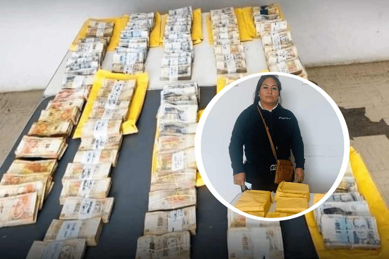 Mujer es detenida con un millón de Soles en Pataz Fajos de dinero sobre una mesa y una mujer en una imagen circular