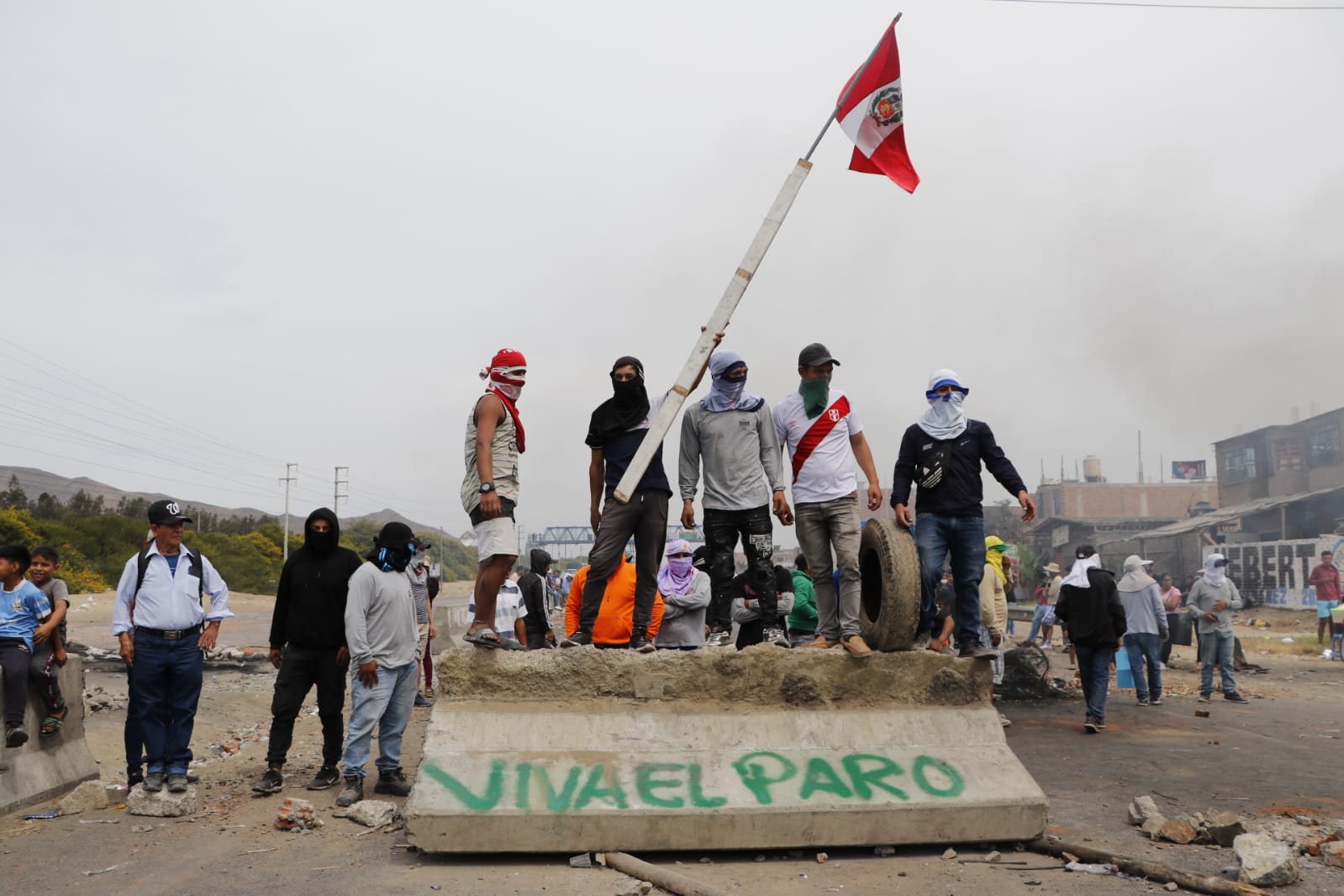 Grupo de personas portan la bandea del Perú en medio de las protestas contra el gobierno de Dina Boluarte.
