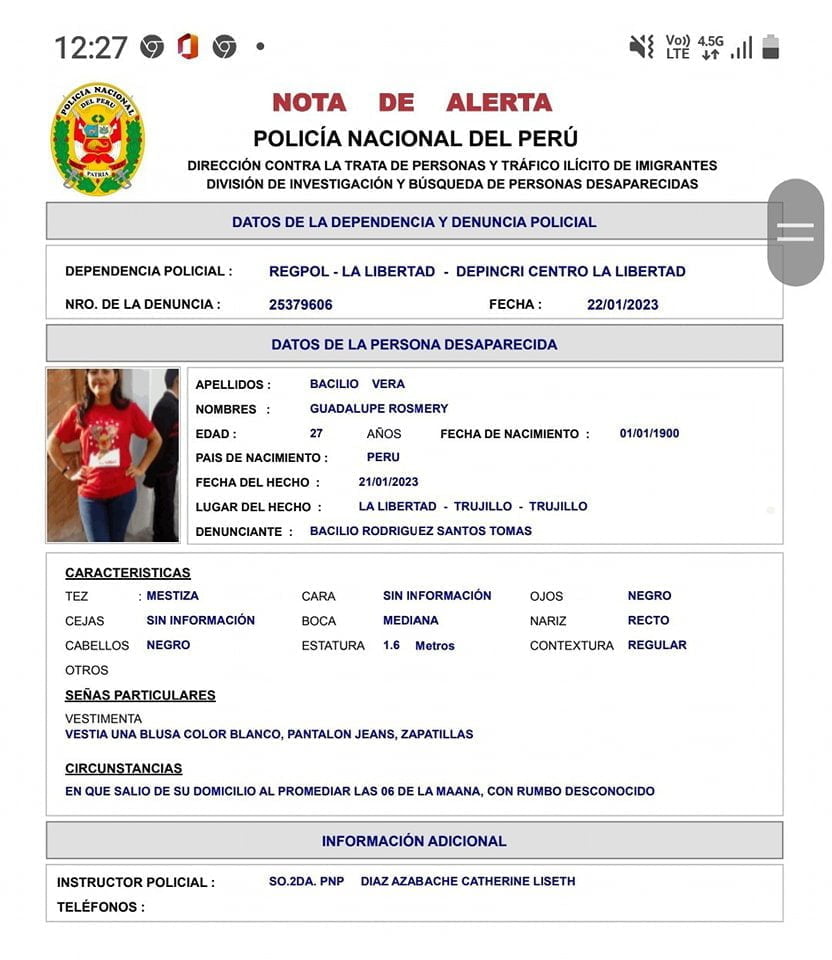 La Policía emitió esta nota de alerta sobre la desaparición de Guadalupe Rosmery, la tarde del último sábado 21.
