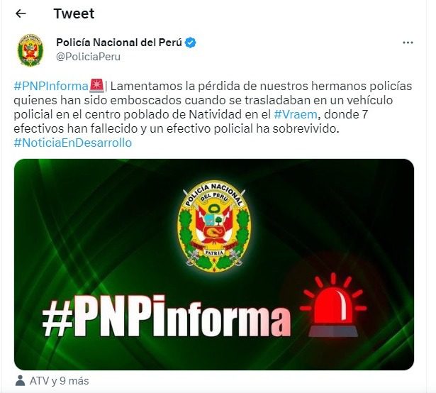 Policía confirmó que los agentes perdieron la vida tras un atentado en el Vraem.