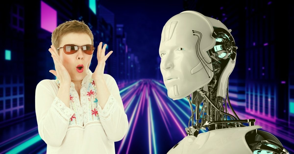 Mujer impactada por un robot que posee inteligencia artificial
