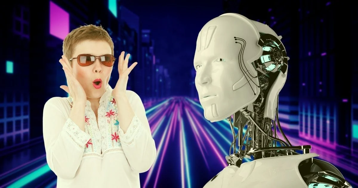 Mujer impactada por un robot que posee inteligencia artificial Mujer impactada por un robot que posee inteligencia artificial