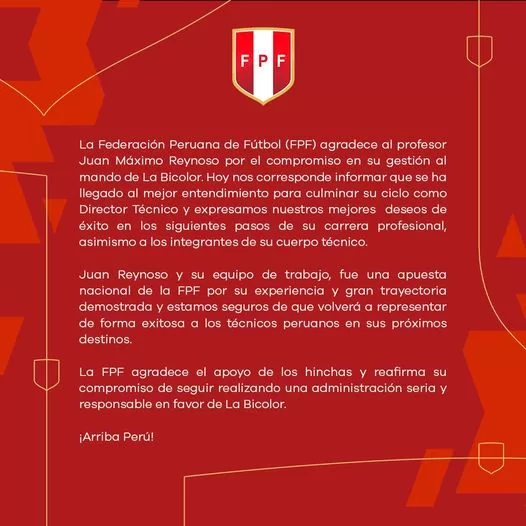 La FPF hizo oficial la salida de Juan Reynoso a través de un comunicado. 
