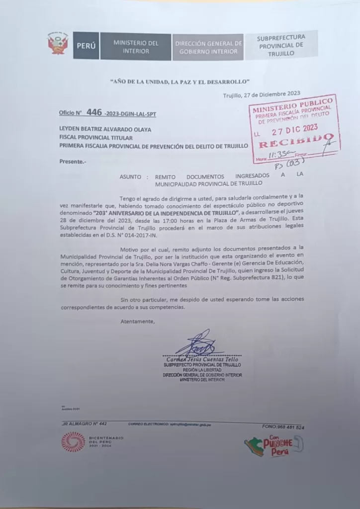 Este es el documento que envió la Prefectura para rechazar los permisos a evento organizado por Arturo Fernández en Trujillo.