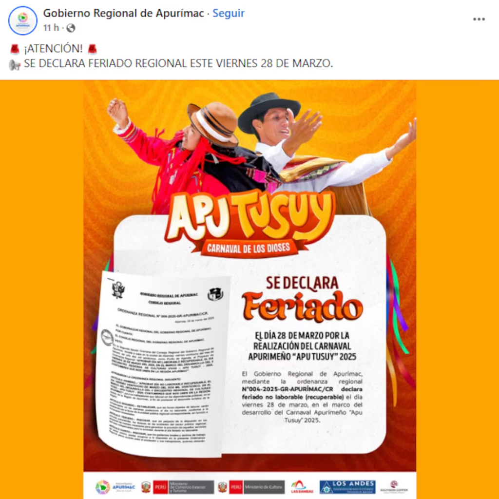 Feriado en Apurimac