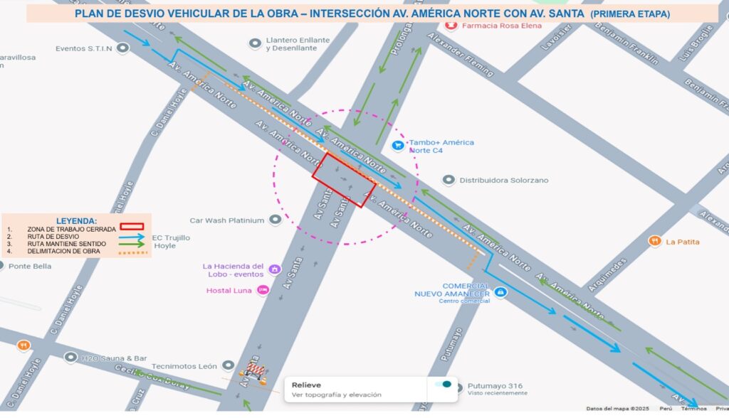 Este es el plan de desvío de rutas en cruce de avenidas América Norte y Santa, en Trujillo.