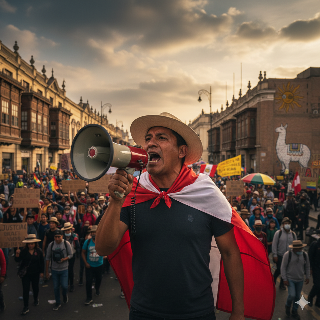 Un hombre reclama en una marcha en Perú. La libertad de expresión no se respeta en el país. Artículo la intolerancia socialista, por Carlos Talledo.