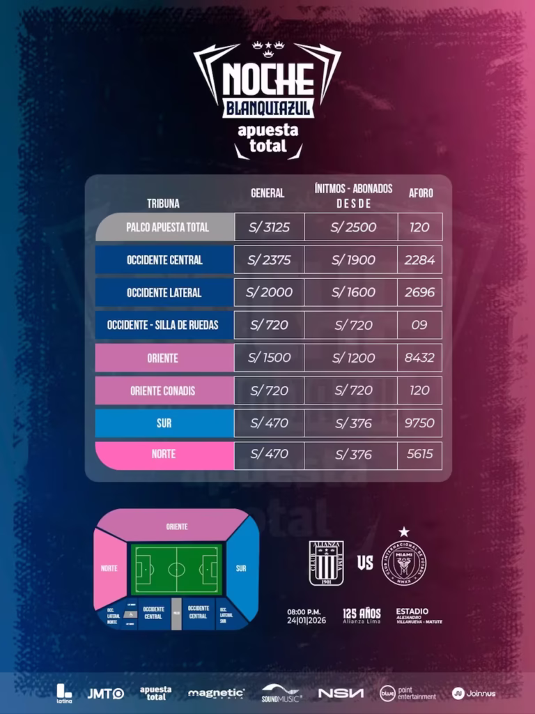 Este es el tarifario de entradas para ver el Alianza Lima vs. Inter Mami por la Noche Blanquiazul 2026.