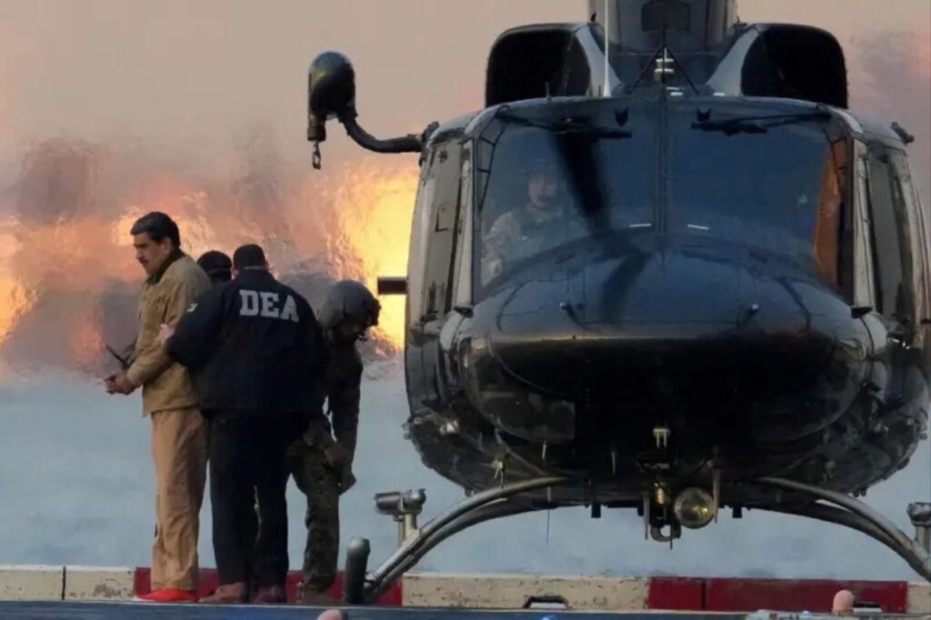 El presidente de Venezuela, Nicolás Maduro, vigilado por agentes de la DEA, en su llegada a Estados Unidos en helicóptero de la Fuerza Aérea.