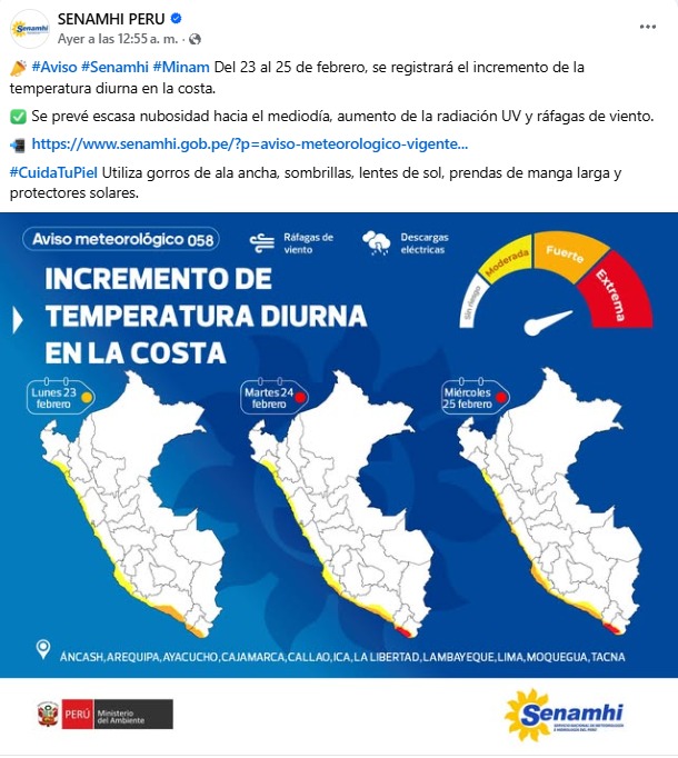Aviso del Senamhi advierte calor extremo en la costa peruana, afectando a Piura, La Libertad y Lima.